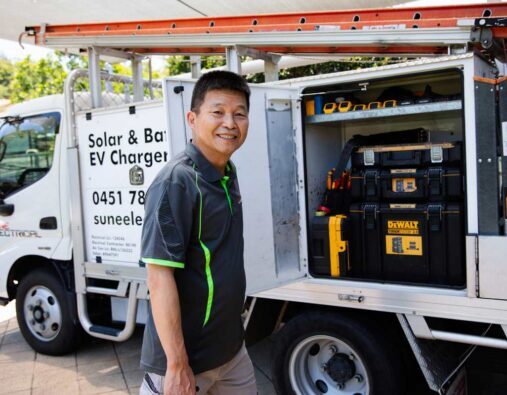 A man poses next to a truck | Featured image of the Sunnybank Electrician location page.